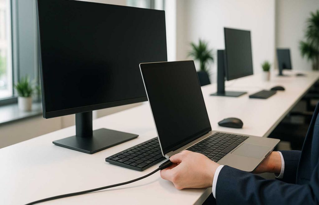 Laptop wird am Bildschirm angeschlossen