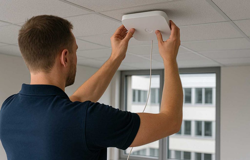 Techniker bringt WLAN Accesspoint an der Bürodecke an