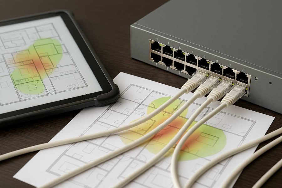Switch mit Netzwerkkabeln und ein auf dem Tisch liegender WLAN Ausleuchtungsplan